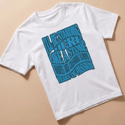 Motivational shirt with blue wavy lettering depicting resilience against waves.
