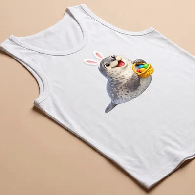 Cartoon Weddell seal in bunny ears with colorful Easter eggs — printed on a tank top