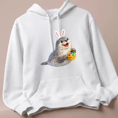 Cartoon Weddell seal in bunny ears with colorful Easter eggs — printed on a unisex hoodie