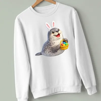 Cartoon Weddell seal in bunny ears with colorful Easter eggs — printed on a unisex sweatshirt