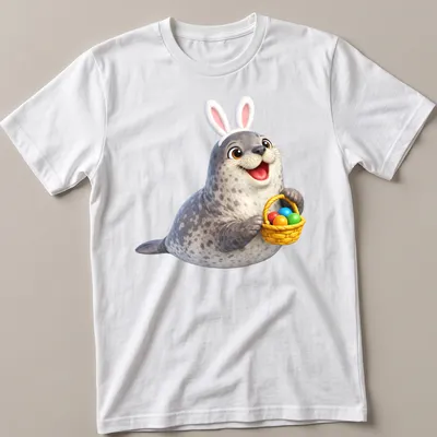 Cartoon Weddell seal in bunny ears with colorful Easter eggs