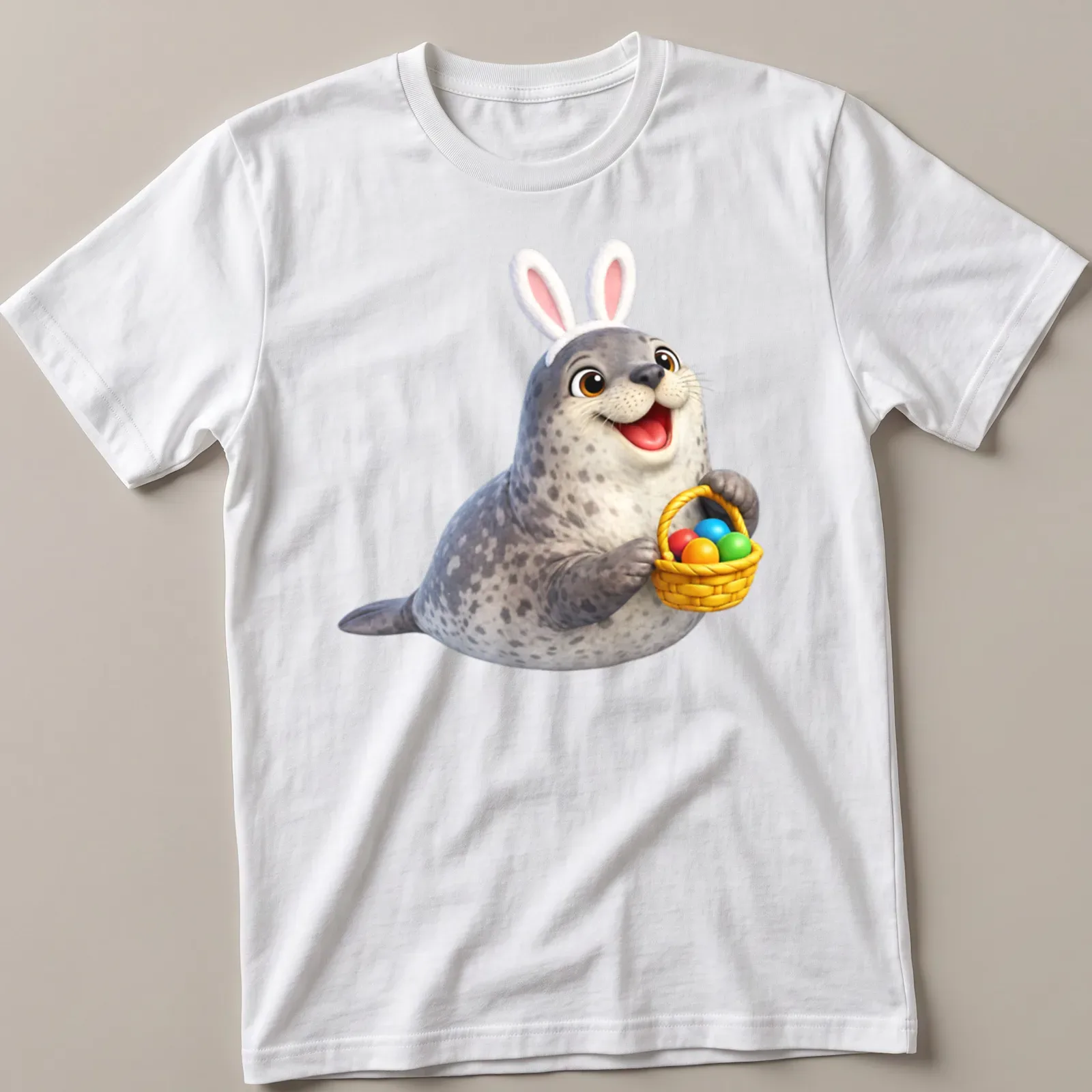 Cartoon Weddell seal in bunny ears with colorful Easter eggs — printed on a unisex t-shirt
