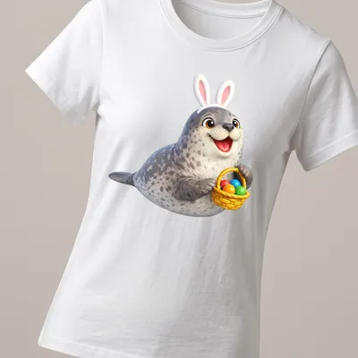Cartoon Weddell seal in bunny ears with colorful Easter eggs — printed on a women's shirt