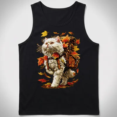 White Persian Cat hiking amidst vibrant autumn leaves in detailed illustration — printed on a tank top