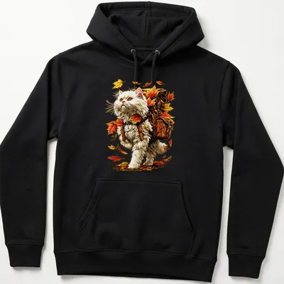 White Persian Cat hiking amidst vibrant autumn leaves in detailed illustration — printed on a unisex hoodie