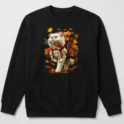 White Persian Cat hiking amidst vibrant autumn leaves in detailed illustration — printed on a unisex sweatshirt