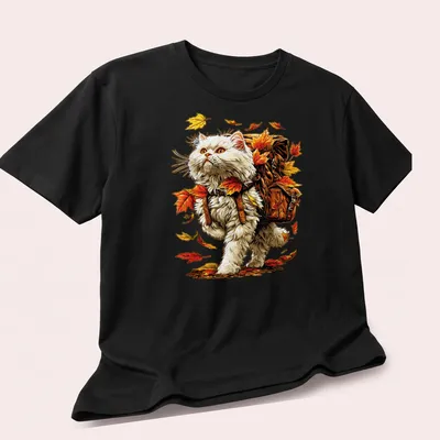 White Persian Cat hiking amidst vibrant autumn leaves in detailed illustration — printed on a unisex t-shirt (angled view)