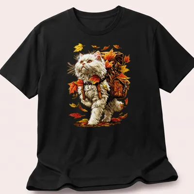 White Persian Cat hiking amidst vibrant autumn leaves in detailed illustration
