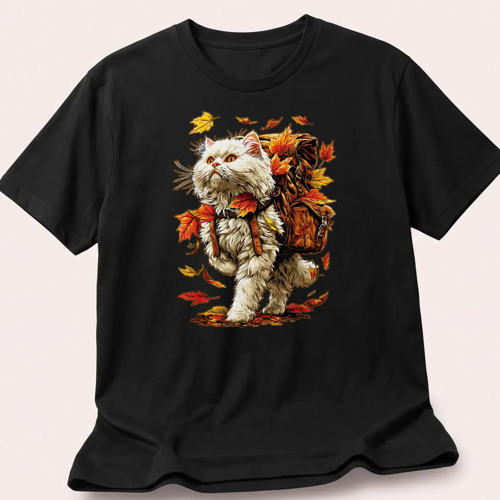 White Persian Cat hiking amidst vibrant autumn leaves in detailed illustration — printed on a unisex t-shirt