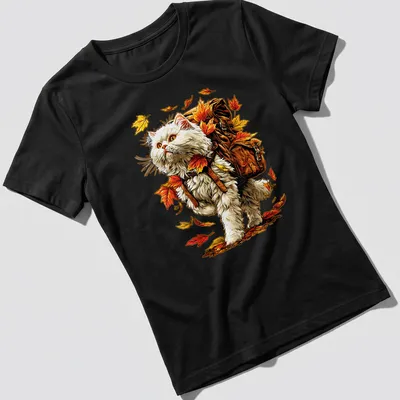White Persian Cat hiking amidst vibrant autumn leaves in detailed illustration — printed on a women's shirt