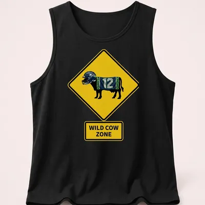 Cartoon cow in a Seattle Seahawks jersey with text 'Wild Cow Zone' in bold letters — printed on a tank top