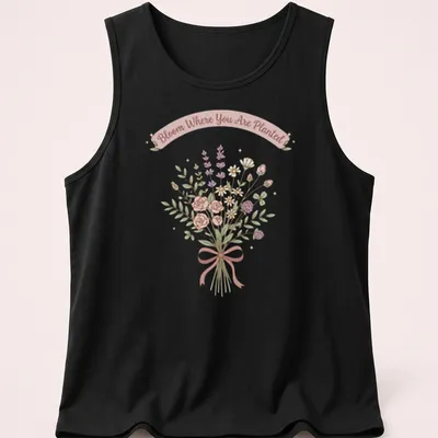 Kawaii line-art wildflower bouquet with the text 'Bloom Where You Are Planted' in pastel colors. — printed on a tank top