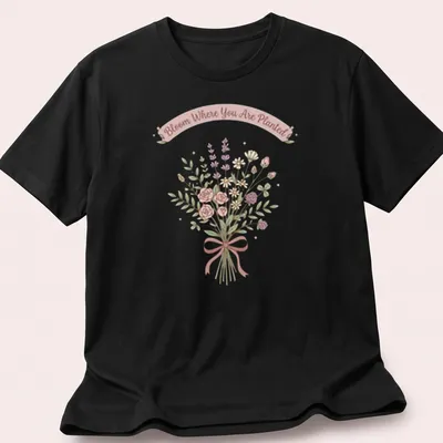 Kawaii line-art wildflower bouquet with the text 'Bloom Where You Are Planted' in pastel colors. — printed on a unisex t-shirt
