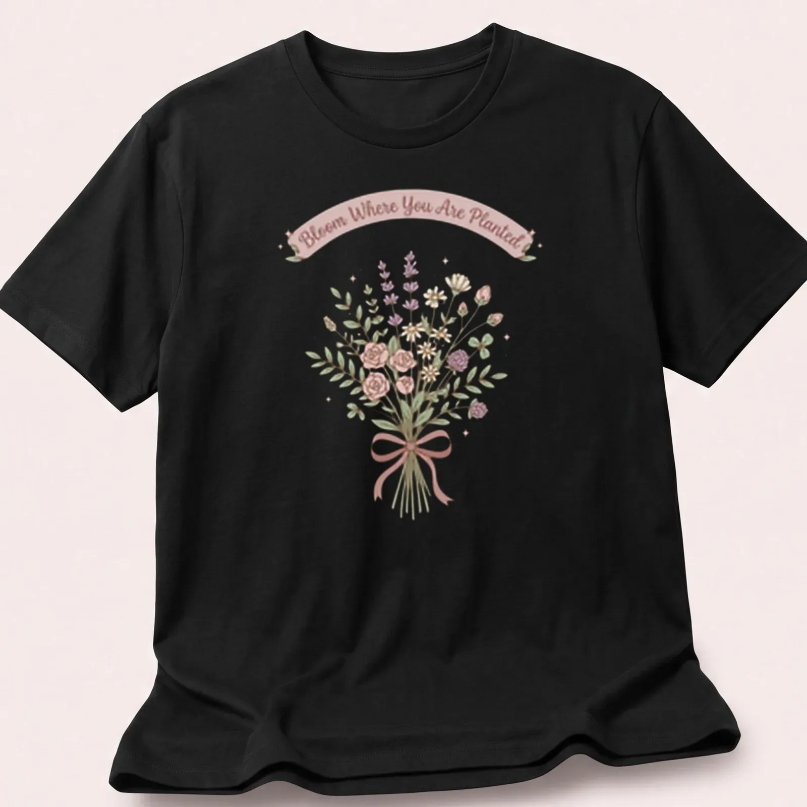Kawaii line-art wildflower bouquet with the text 'Bloom Where You Are Planted' in pastel colors. — printed on a unisex t-shirt