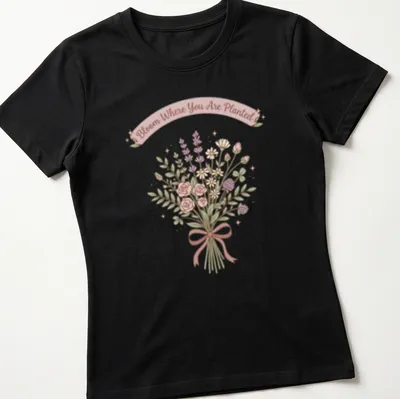 Kawaii line-art wildflower bouquet with the text 'Bloom Where You Are Planted' in pastel colors. — printed on a women's shirt