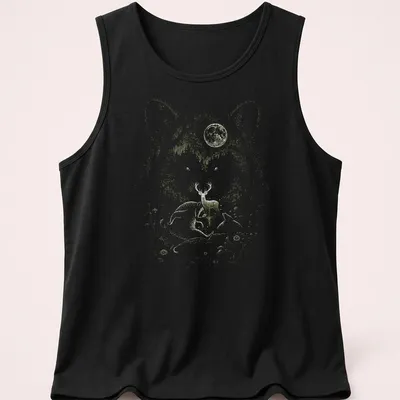 Detailed illustration of a raccoon and deer in a forest under a glowing moon — printed on a tank top