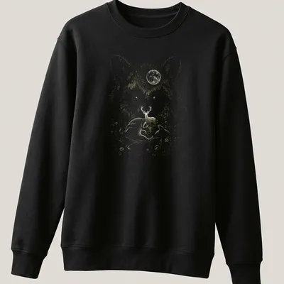 Detailed illustration of a raccoon and deer in a forest under a glowing moon — printed on a unisex sweatshirt