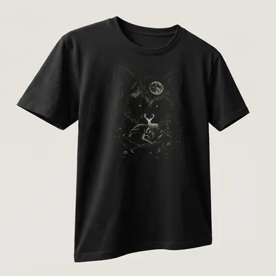 Detailed illustration of a raccoon and deer in a forest under a glowing moon — printed on a unisex t-shirt (angled view)