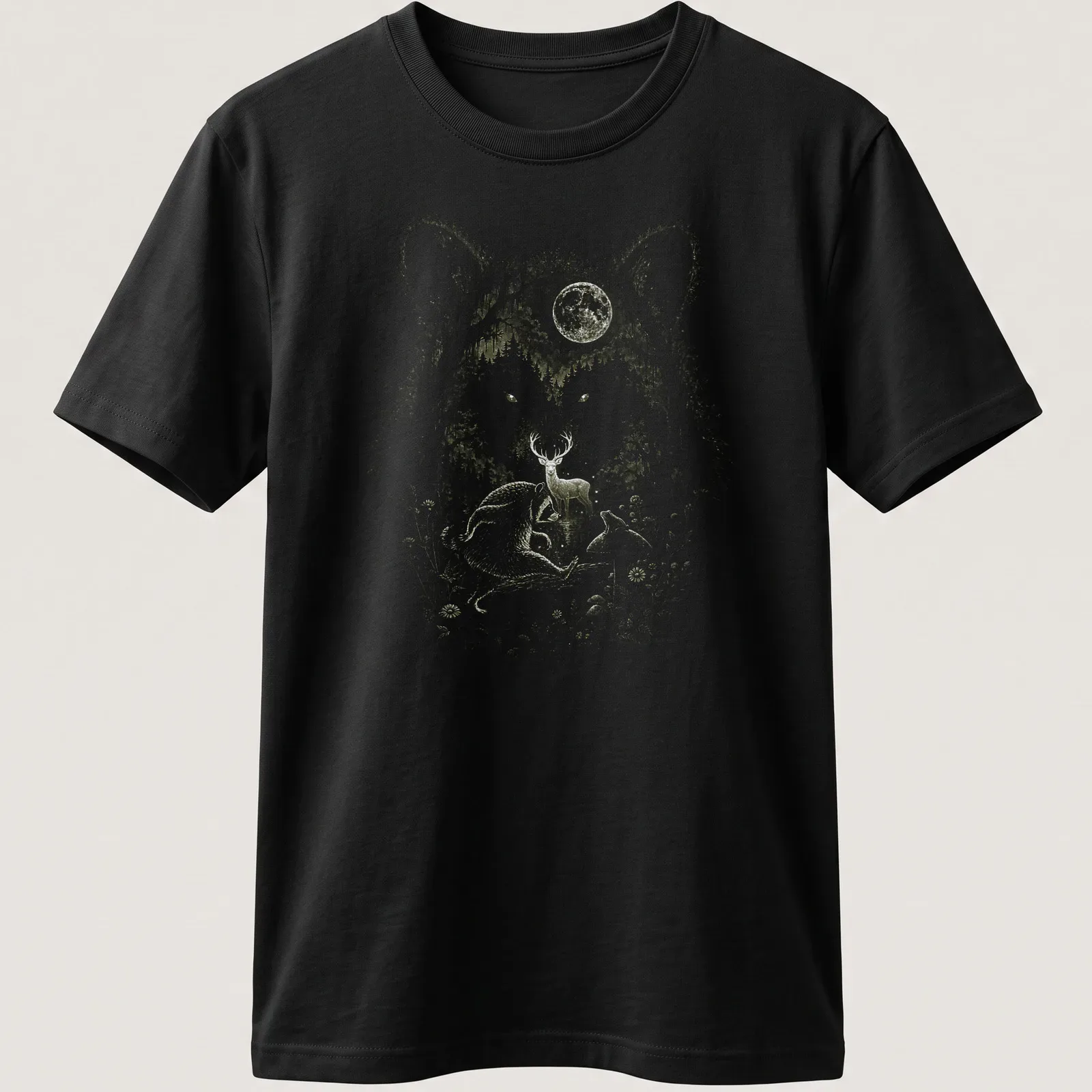 Detailed illustration of a raccoon and deer in a forest under a glowing moon — printed on a unisex t-shirt
