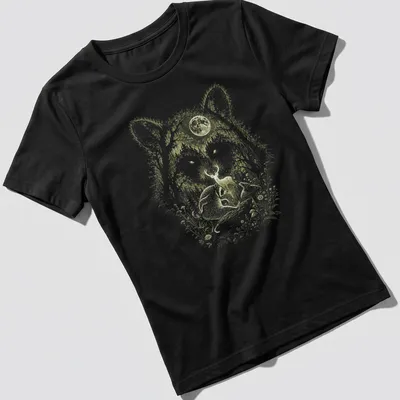 Detailed illustration of a raccoon and deer in a forest under a glowing moon — printed on a women's shirt