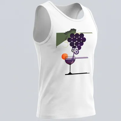 Modern abstract design of grapes and a wine glass with gear motifs in vibrant colors — printed on a tank top