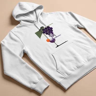 Modern abstract design of grapes and a wine glass with gear motifs in vibrant colors — printed on a unisex hoodie