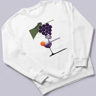 Modern abstract design of grapes and a wine glass with gear motifs in vibrant colors — printed on a unisex sweatshirt
