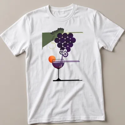 Modern abstract design of grapes and a wine glass with gear motifs in vibrant colors