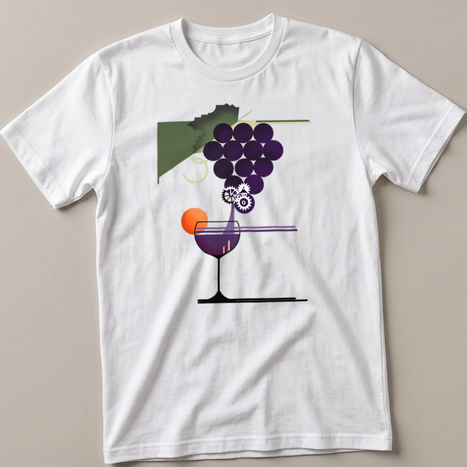Modern abstract design of grapes and a wine glass with gear motifs in vibrant colors — printed on a unisex t-shirt