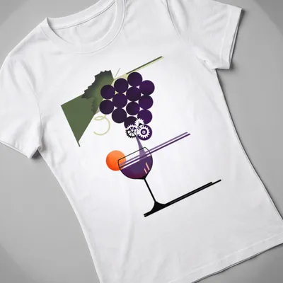 Modern abstract design of grapes and a wine glass with gear motifs in vibrant colors — printed on a women's shirt