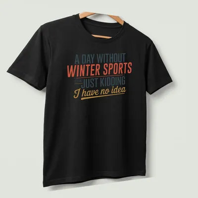 Bold typography t-shirt with playful winter sports humor and vivid colors — printed on a unisex t-shirt (angled view)