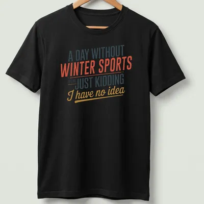 Bold typography t-shirt with playful winter sports humor and vivid colors
