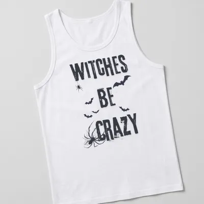 Grunge style Halloween shirt featuring bats, spider, and 'Witches Be Crazy' text. — printed on a tank top