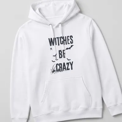 Grunge style Halloween shirt featuring bats, spider, and 'Witches Be Crazy' text. — printed on a unisex hoodie