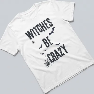 Grunge style Halloween shirt featuring bats, spider, and 'Witches Be Crazy' text.