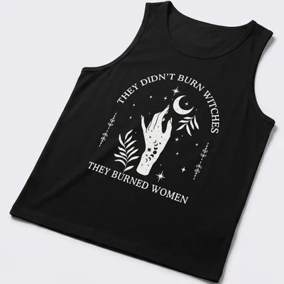 Minimalist design featuring a hand with flowers and a crescent moon alongside bold text — printed on a tank top