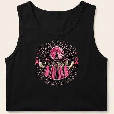 Vintage gothic t-shirt featuring witches and text about wearing pink in October — printed on a tank top