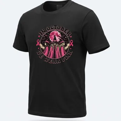 Vintage gothic t-shirt featuring witches and text about wearing pink in October