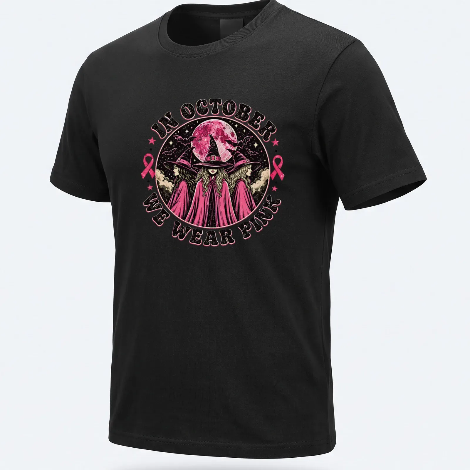 Vintage gothic t-shirt featuring witches and text about wearing pink in October — printed on a unisex t-shirt