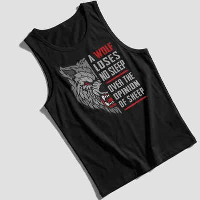 Bold graphic t-shirt with the phrase about a wolf and sheep, featuring a striking color palette. — printed on a tank top
