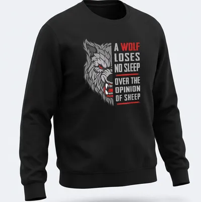 Bold graphic t-shirt with the phrase about a wolf and sheep, featuring a striking color palette. — printed on a unisex sweatshirt