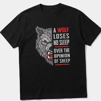 Bold graphic t-shirt with the phrase about a wolf and sheep, featuring a striking color palette.