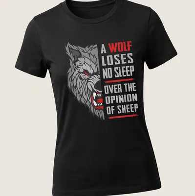 Bold graphic t-shirt with the phrase about a wolf and sheep, featuring a striking color palette. — printed on a women's shirt