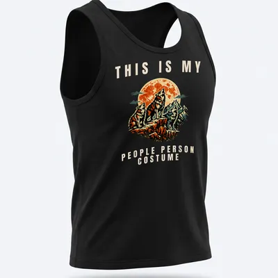 Vintage illustrated Wolf Costume t-shirt with playful text and colorful graphics — printed on a tank top