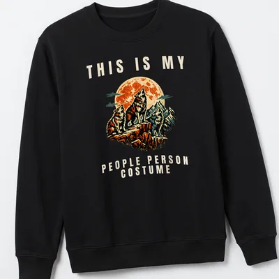 Vintage illustrated Wolf Costume t-shirt with playful text and colorful graphics — printed on a unisex sweatshirt