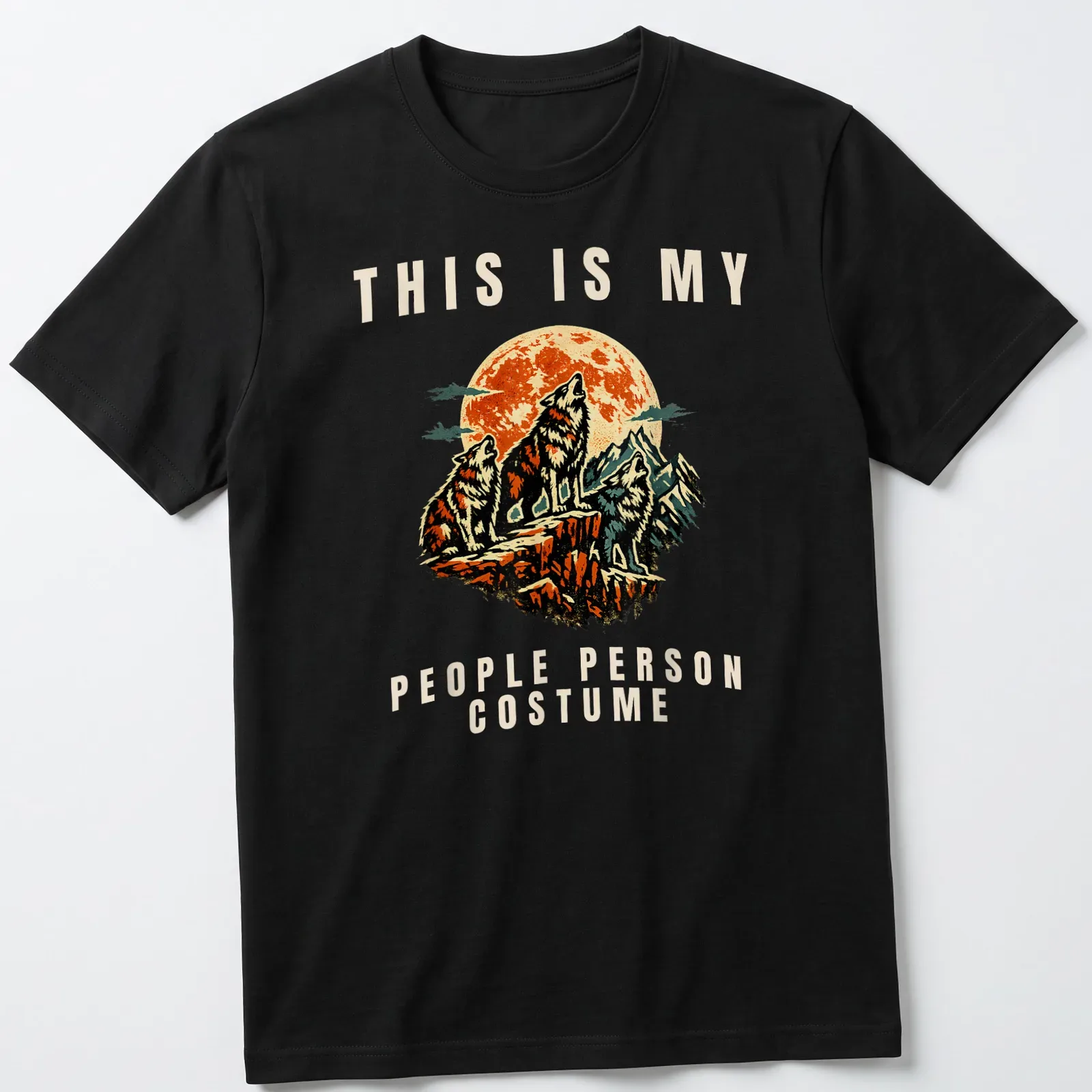 Vintage illustrated Wolf Costume t-shirt with playful text and colorful graphics — printed on a unisex t-shirt