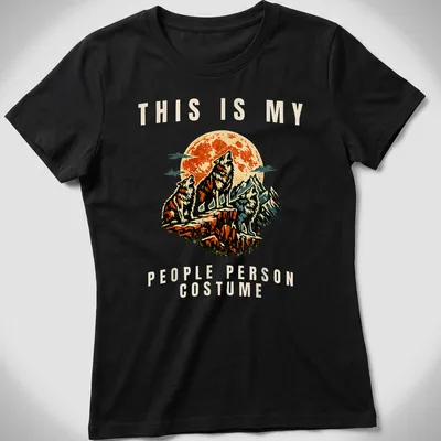 Vintage illustrated Wolf Costume t-shirt with playful text and colorful graphics — printed on a women's shirt
