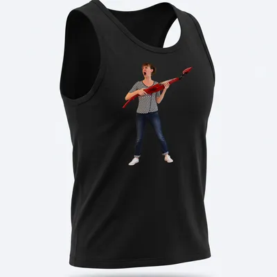 Photographic print of a woman yelling while holding a vacuum cleaner — printed on a tank top