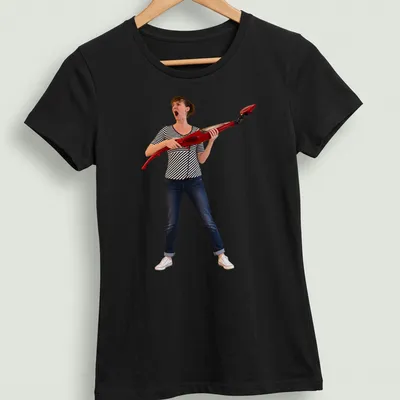 Photographic print of a woman yelling while holding a vacuum cleaner — printed on a women's shirt