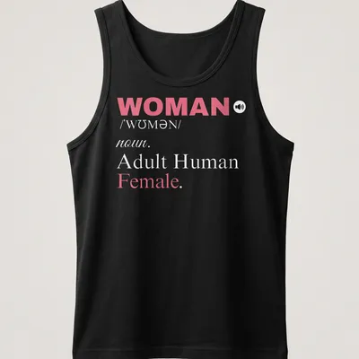 Bold typography t-shirt featuring a definition of womanhood in pink and white — printed on a tank top